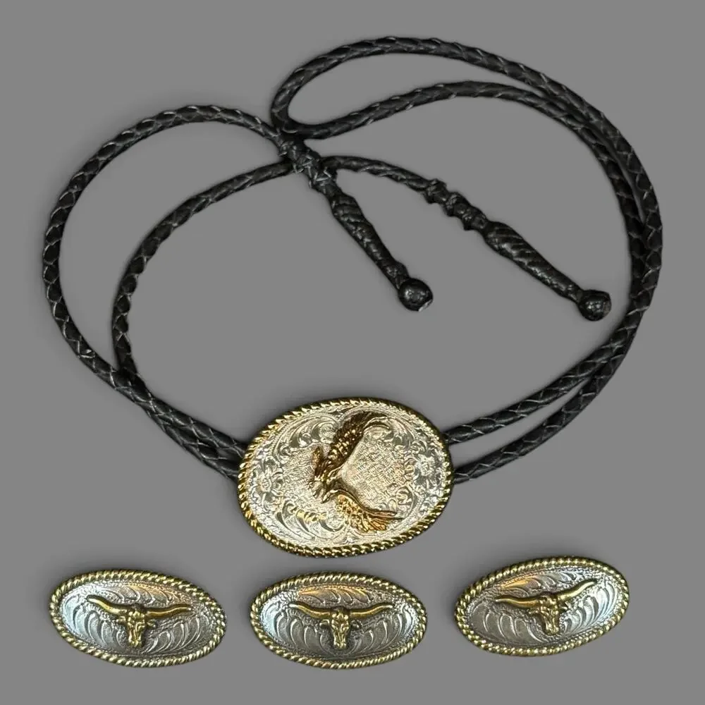 Crumrine Inc Eagle Bolo Tie Longhorn Concho Set Silver Gold Tone Western